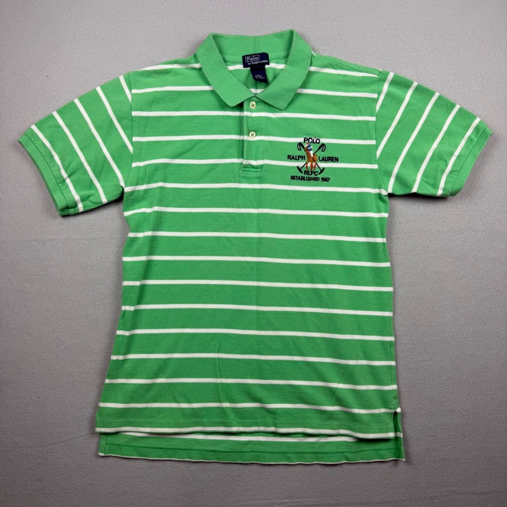 Vintage Polo Ralph Lauren Boys L 16/18 Green Striped Big Flesh Pony Crest Shirt